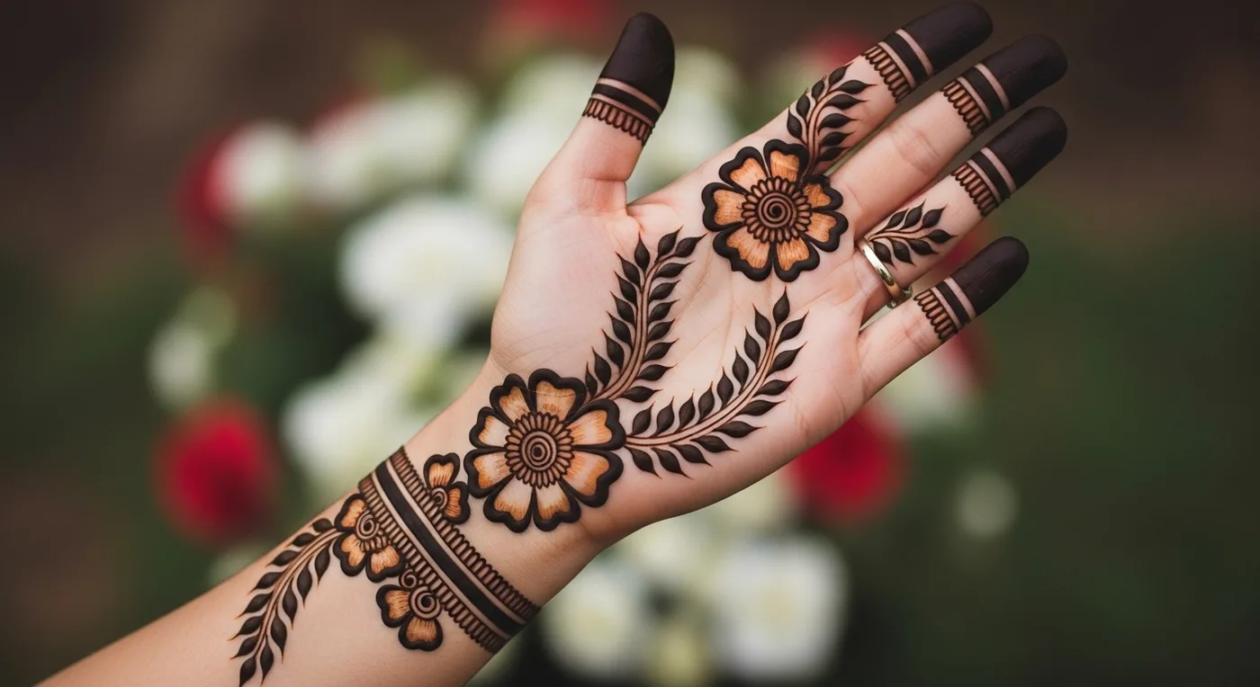 Arabic mehndi design on bride's hand with bold outlines and open negative spaces