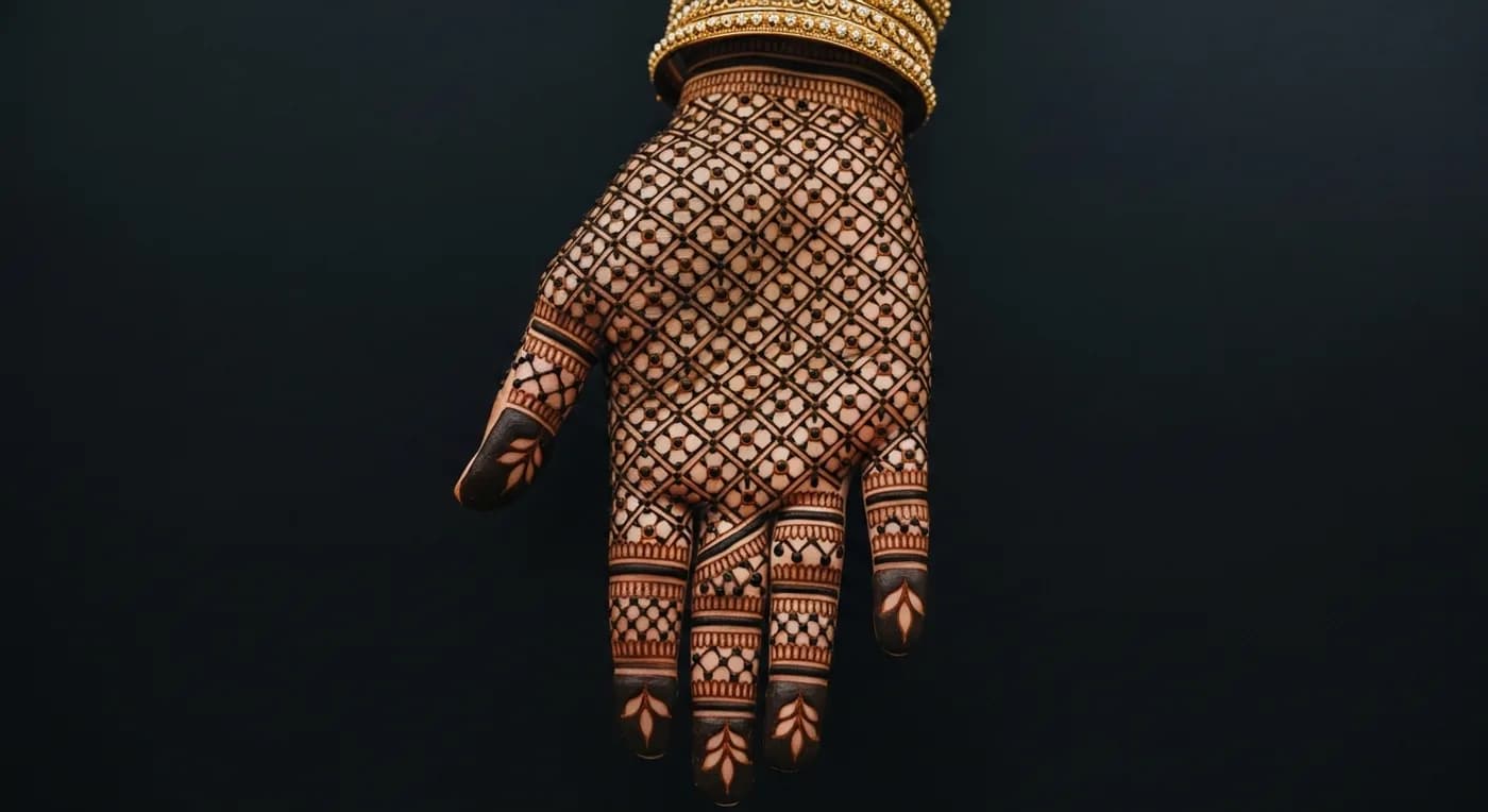 Back-of-hand bridal mehndi with intricate jaali pattern and finger detailing