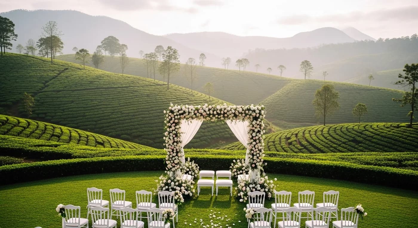A wedding ceremony setup on a Munnar tea plantation with mountain views, white chairs, and a floral arch