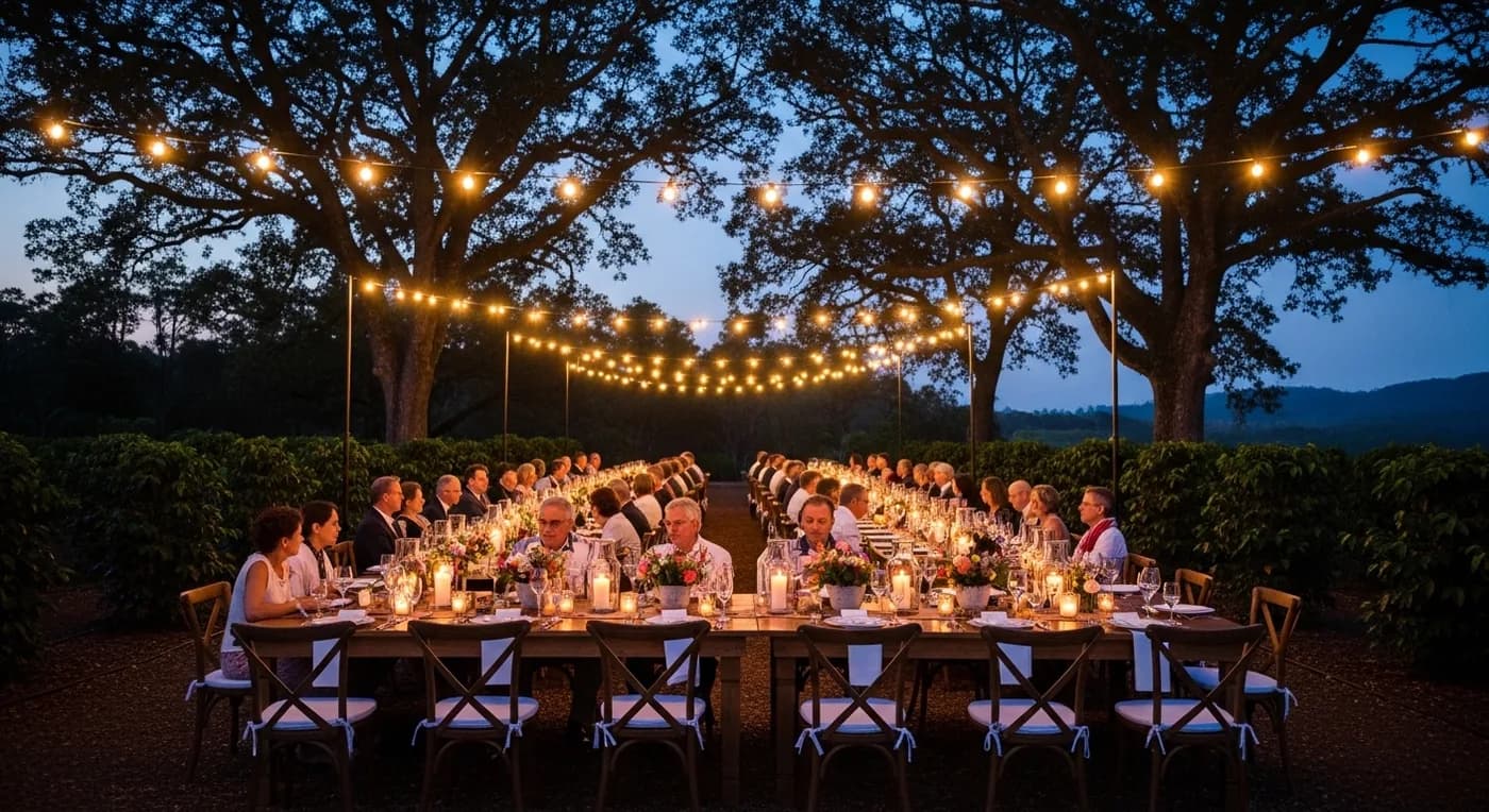Reception dinner setup in a Coorg coffee estate with string lights hung between trees