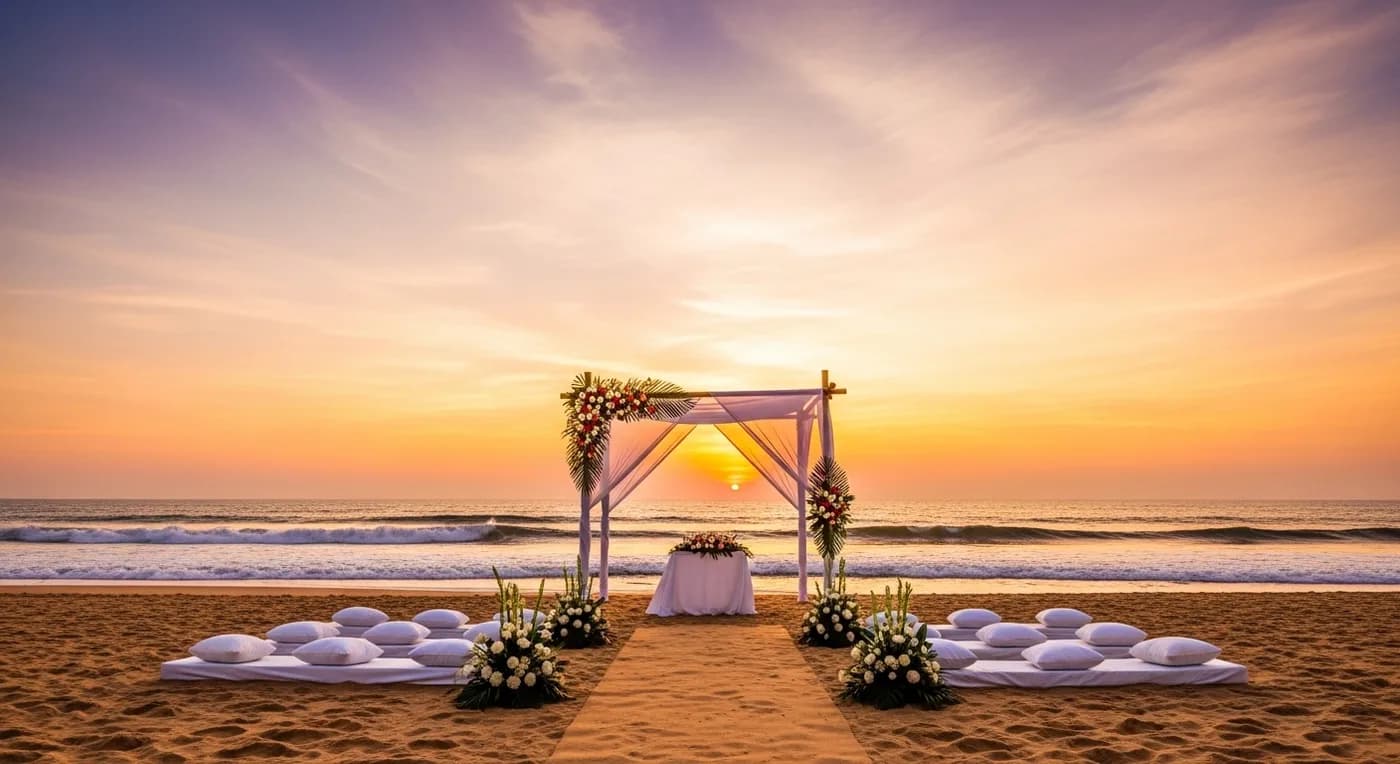 Beach wedding ceremony at sunset in Goa with a bamboo arch and ocean backdrop
