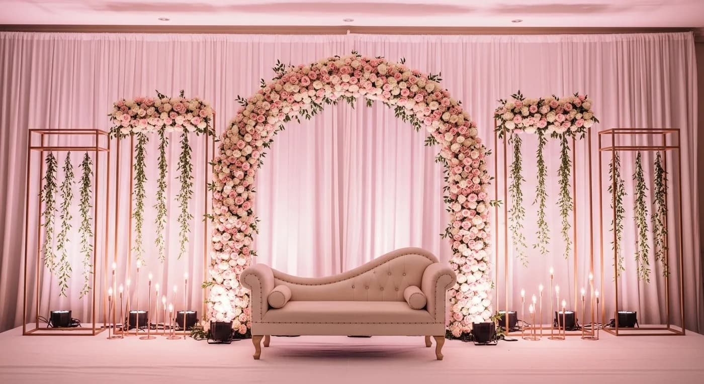 Outdoor evening engagement party under string lights with guests