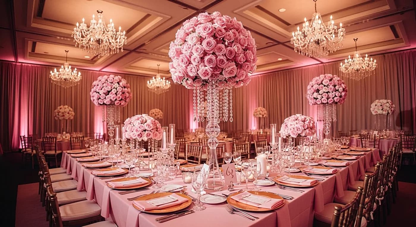 Pink ranunculus and rose flowers for engagement ceremony floral decoration