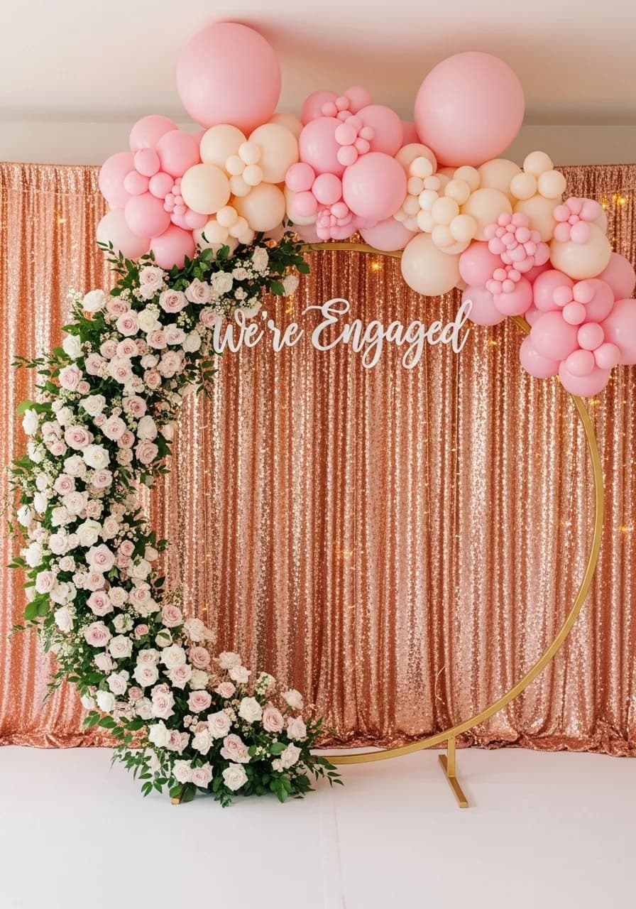 Couple at engagement celebration under romantic string lights