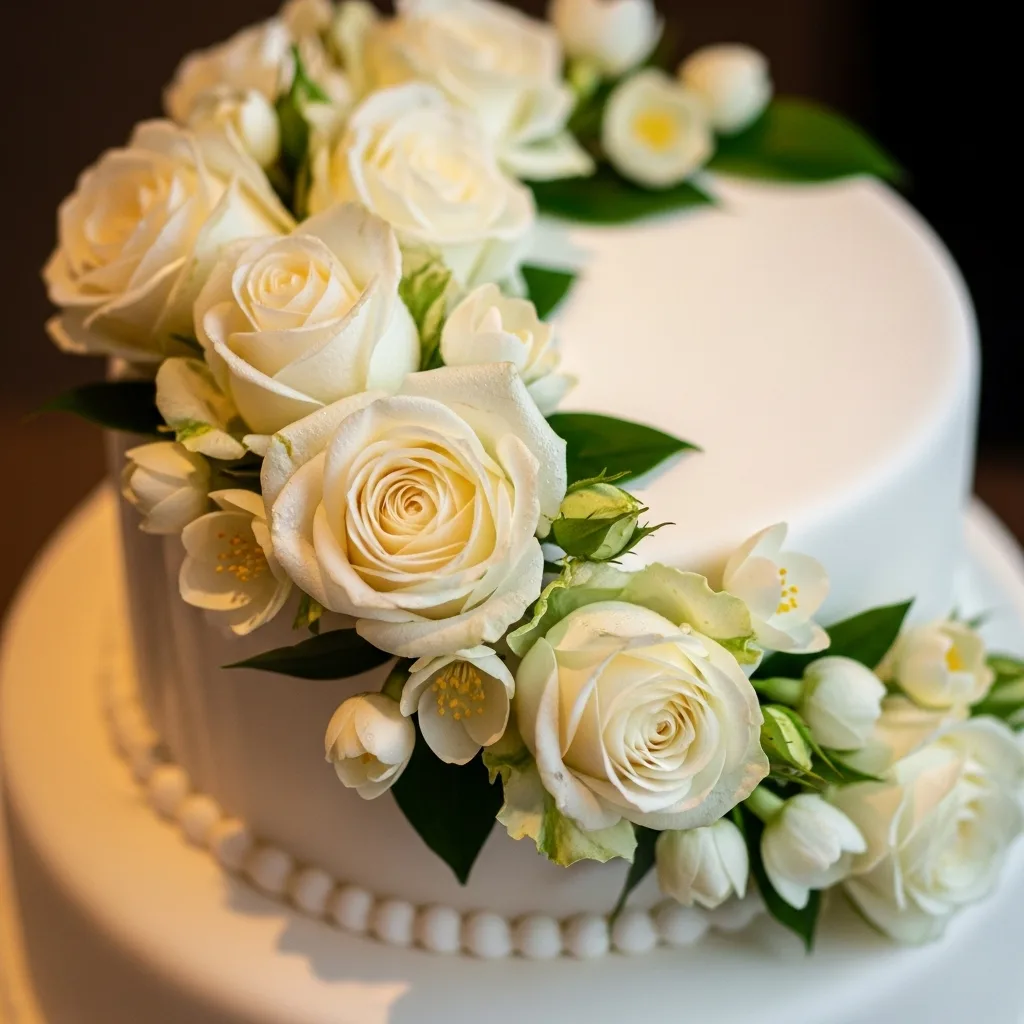 Elegant white floral centrepiece with roses and greenery at wedding reception