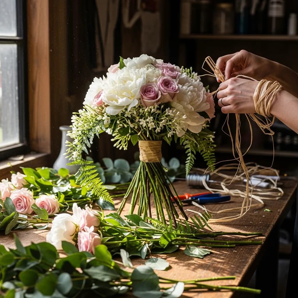 Floral garland runner on wedding reception table with candle lanterns