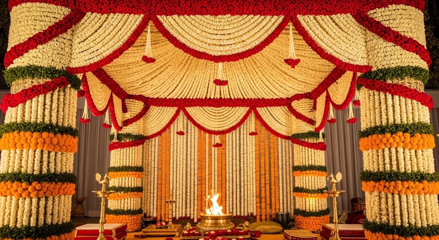 Wedding cake table surrounded by lavish floral arrangements