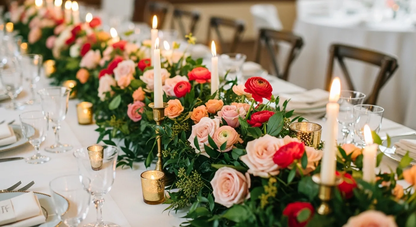 Tropical floral decoration with palm fronds at an outdoor wedding venue