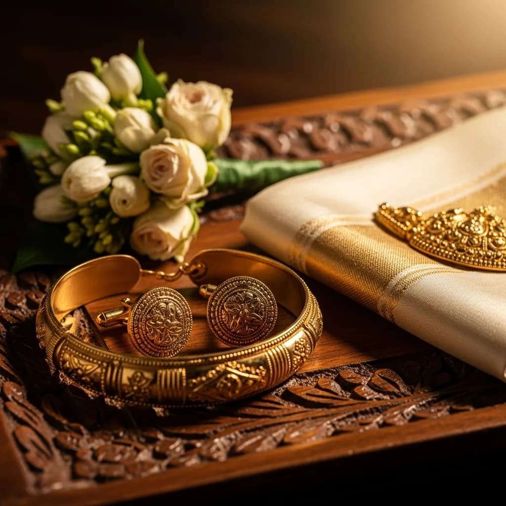 A traditional Indian groom in a white sherwani with ceremonial accessories in a garden setting