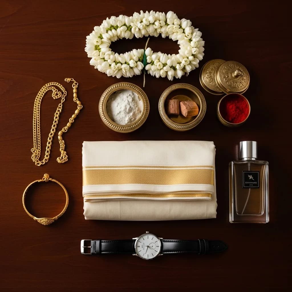 Close-up of Indian bridal jewellery showing the traditional gold accessories grooms also wear