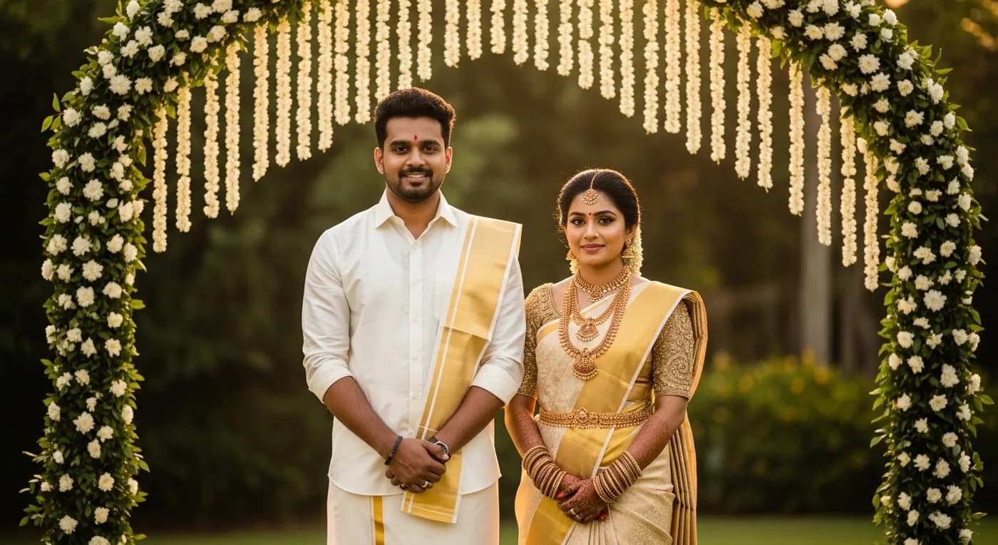 Wedding couple in traditional attire in a garden setting