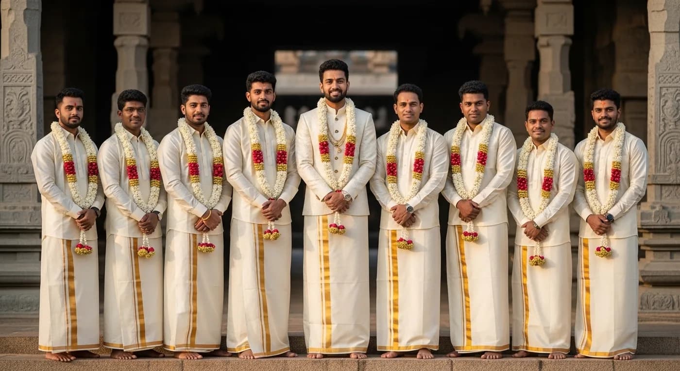 Wedding couple at sunset showing coordinated traditional outfits