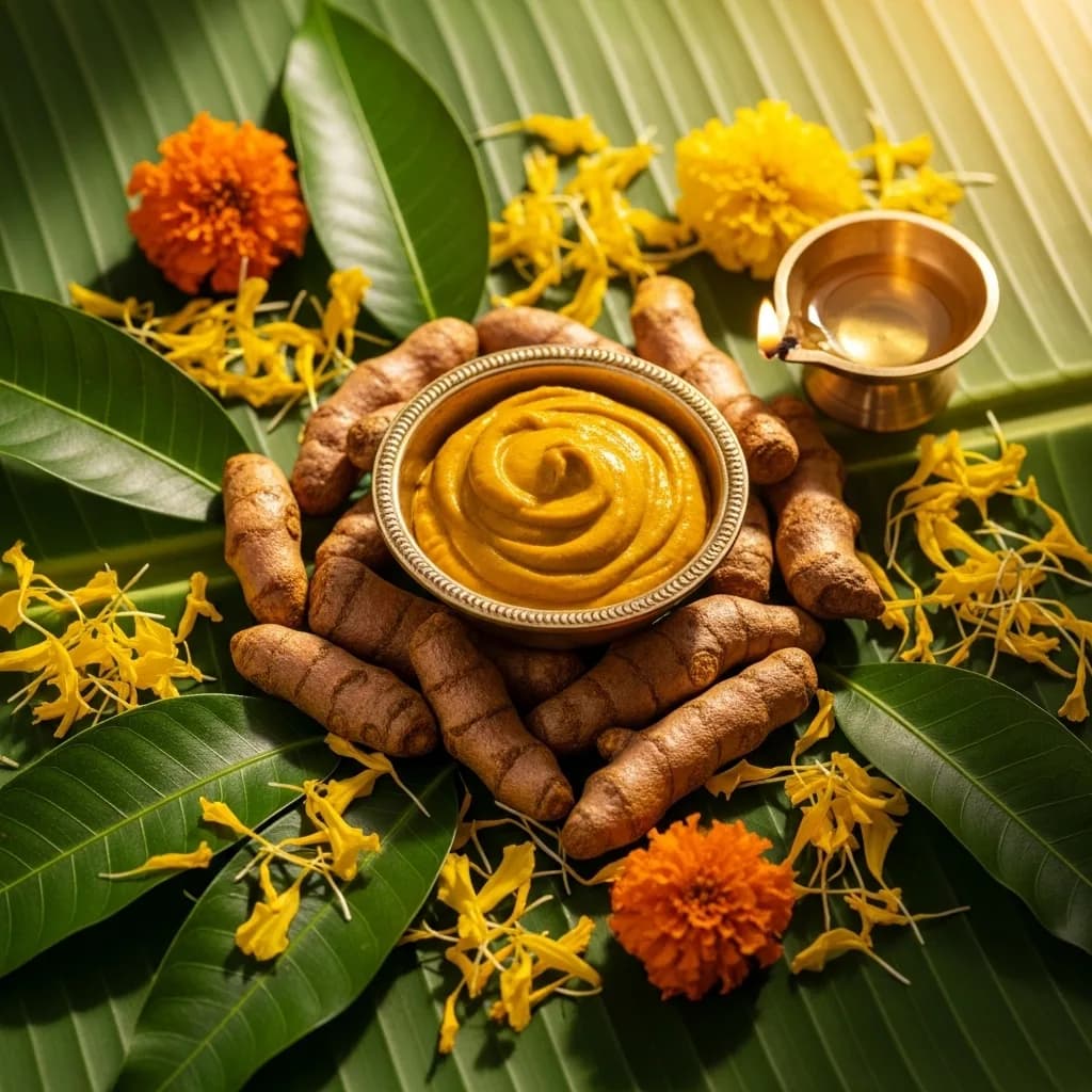 A vibrant haldi ceremony with yellow flower petals, turmeric paste, and festive celebrations