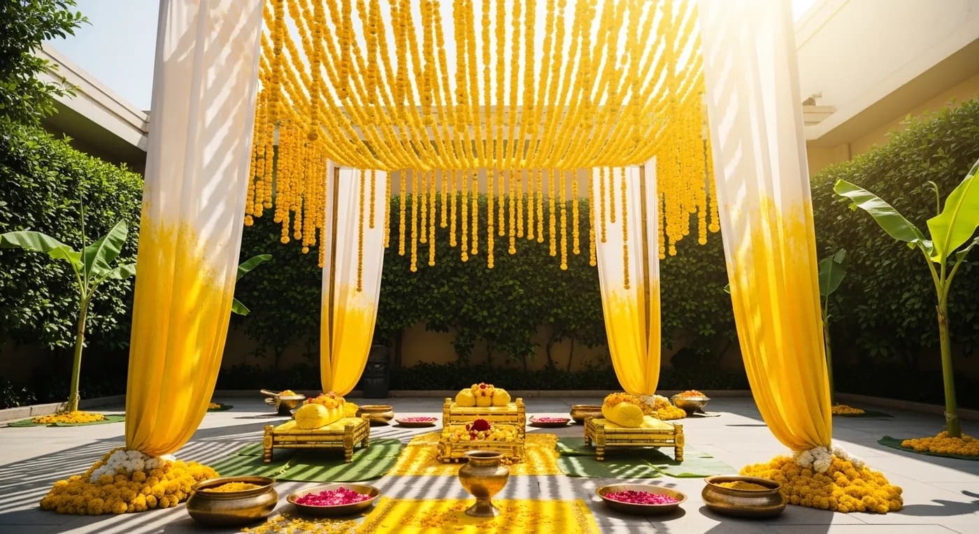 Fresh pink and yellow flowers arranged for haldi ceremony decoration