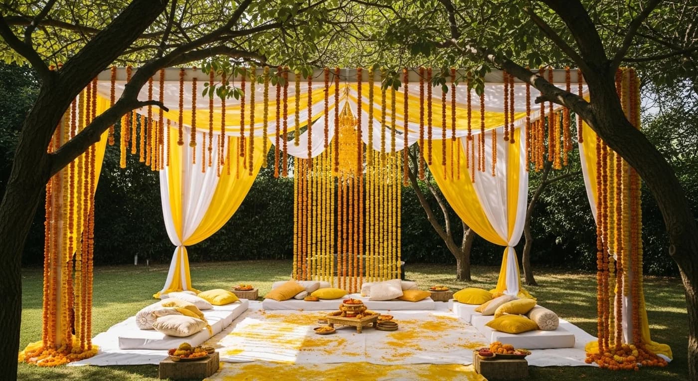 Outdoor decorated haldi ceremony area with flower arrangements and seating