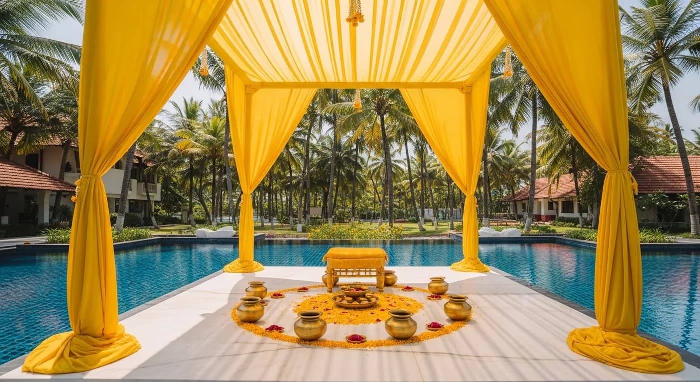 Floral arch decorated with yellow and white flowers for haldi ceremony