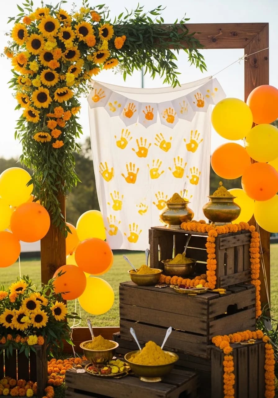 Overhead view of traditional Indian feast with multiple dishes and banana leaf servings