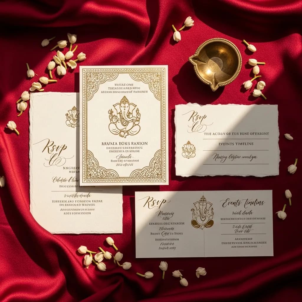 A beautifully designed wedding invitation setup with elegant stationery and floral accents