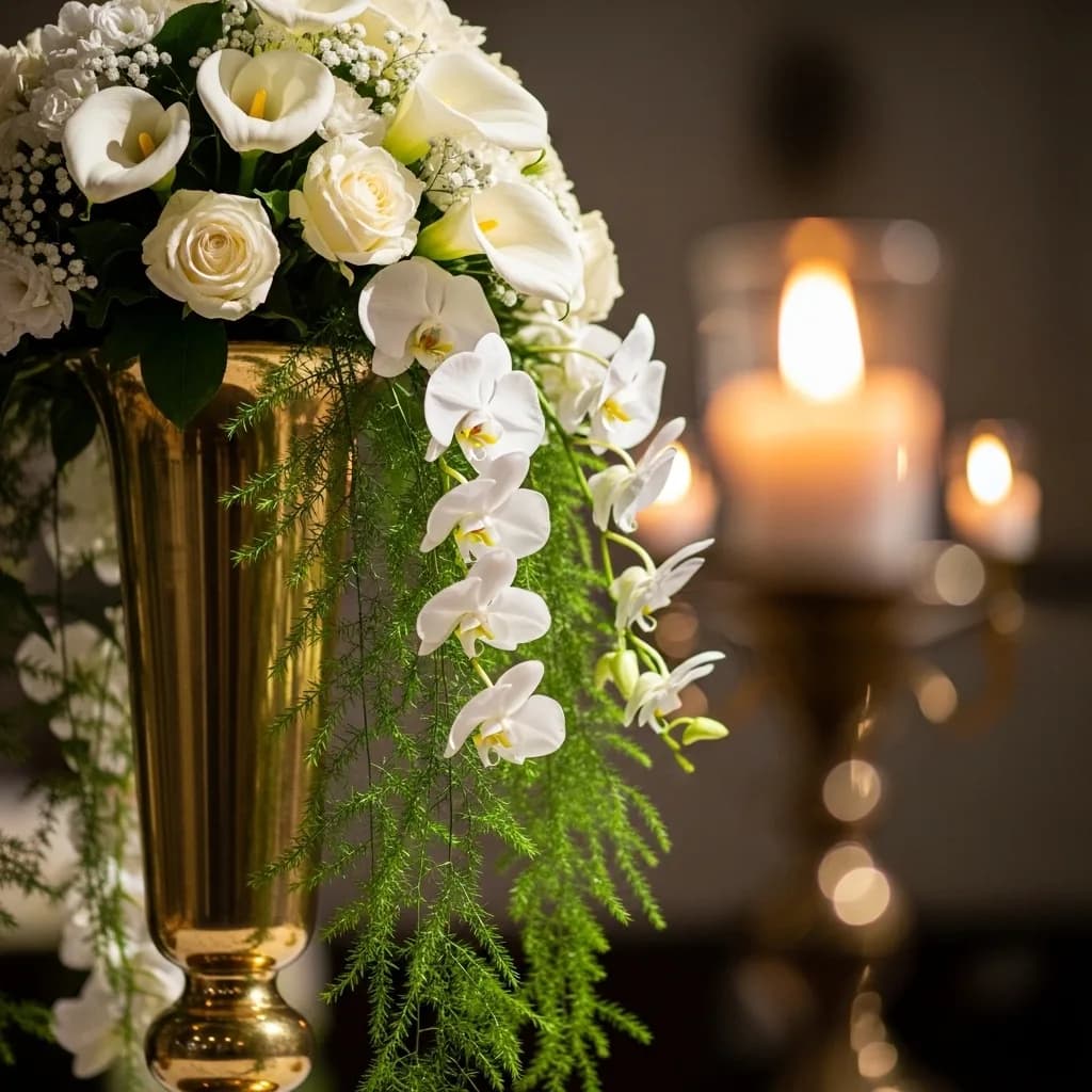 A beautifully decorated church interior with warm lighting and wooden pews for a Kerala Christian wedding ceremony