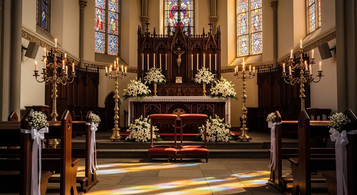 Elegant white floral installation at a Kerala Christian wedding reception