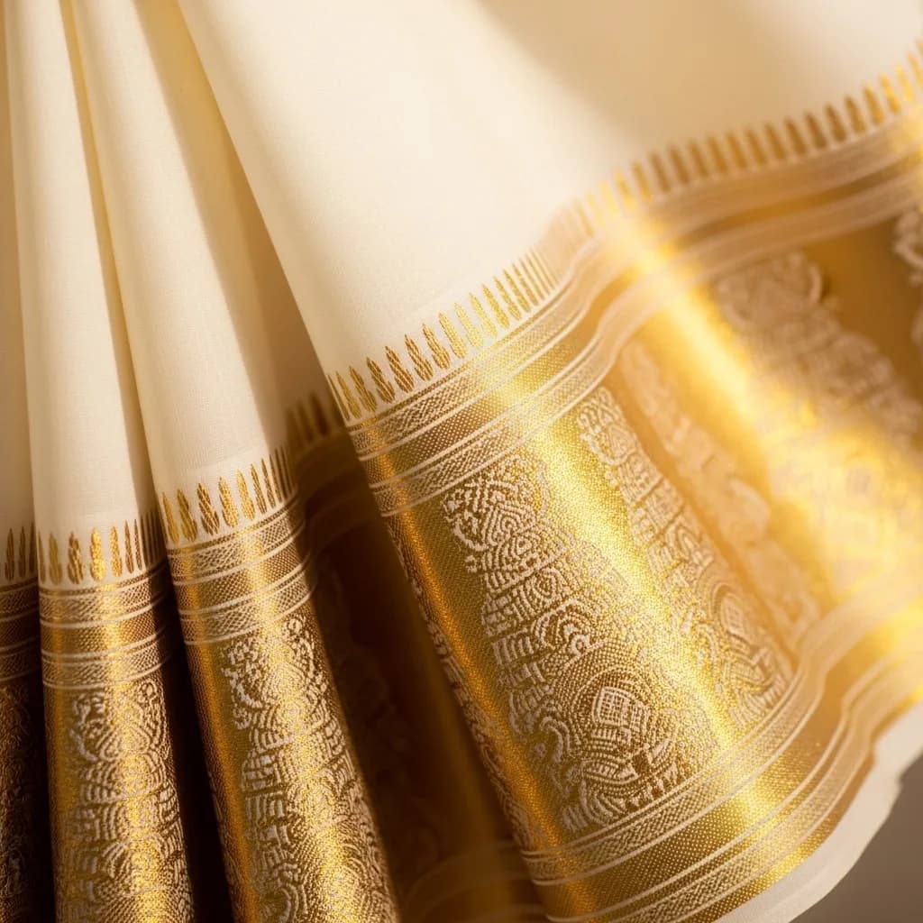 A Kerala bride wearing traditional gold jewellery and bridal attire with jasmine flowers