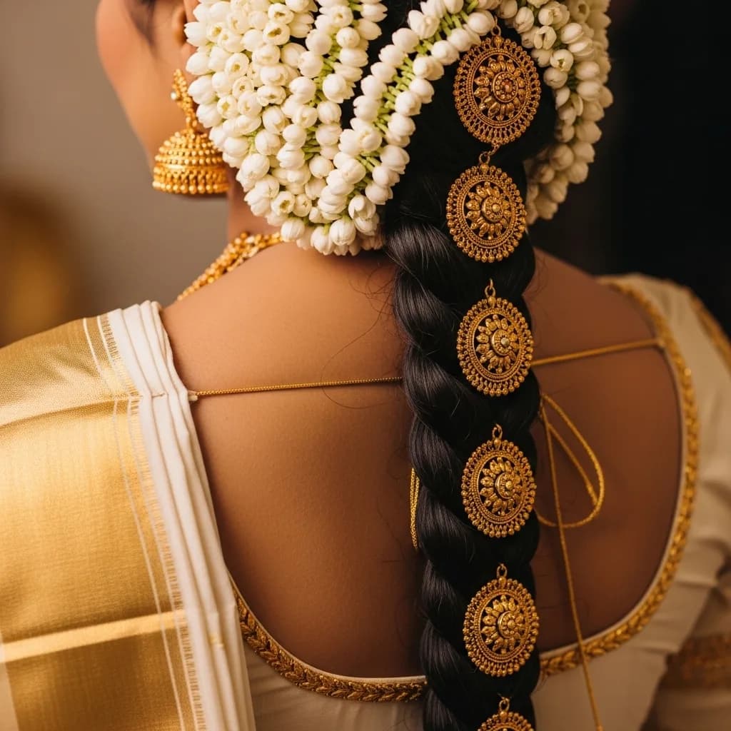 Close-up of South Indian bride's face with traditional makeup, gold jewellery, and maang tikka