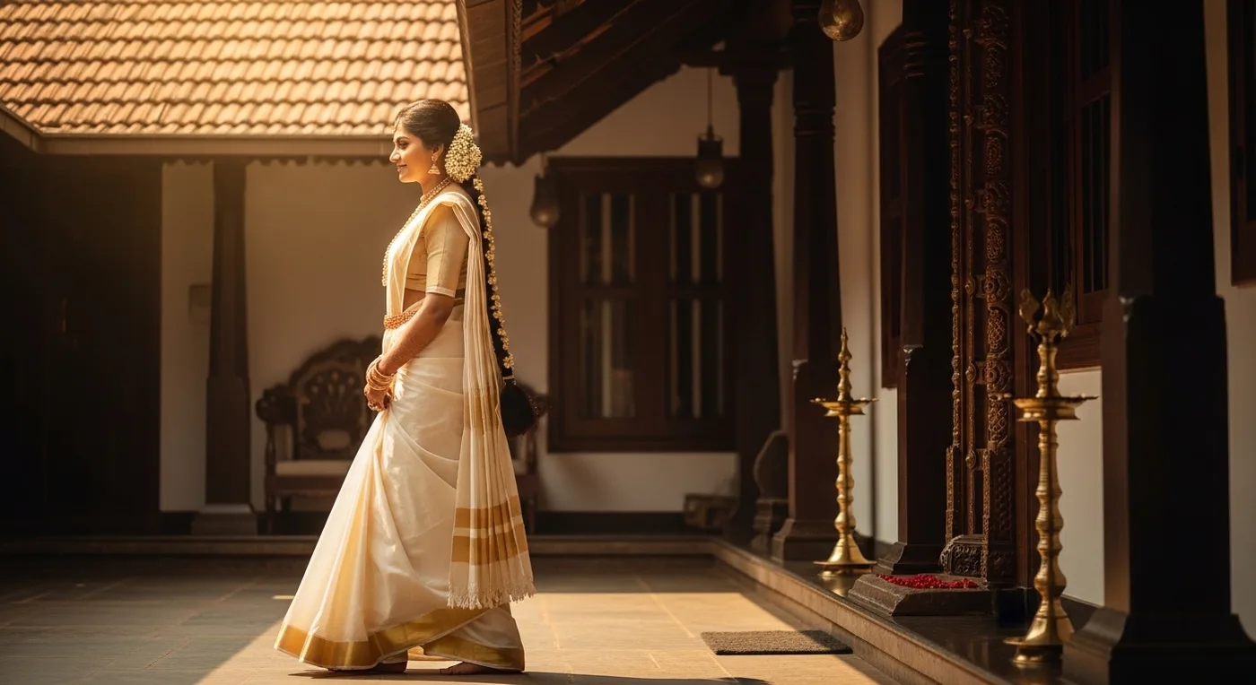 Intricate bridal mehndi on hands complementing the Kerala saree bridal look