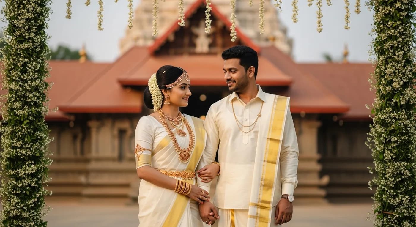 Bridal accessories including white shoes and rose bouquet for Kerala wedding