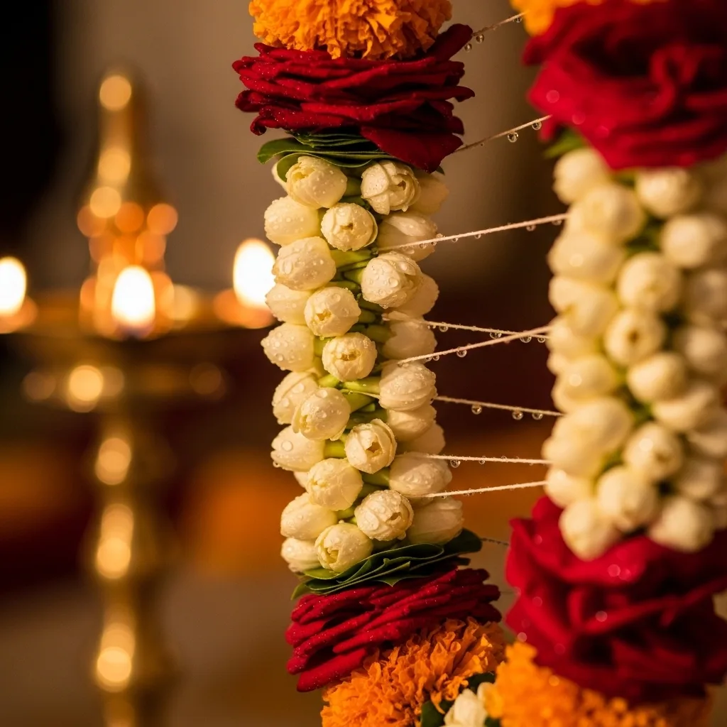 An ornate traditional Indian wedding mandap decorated with marigolds, jasmine garlands, and banana stems under a canopy of draped silk