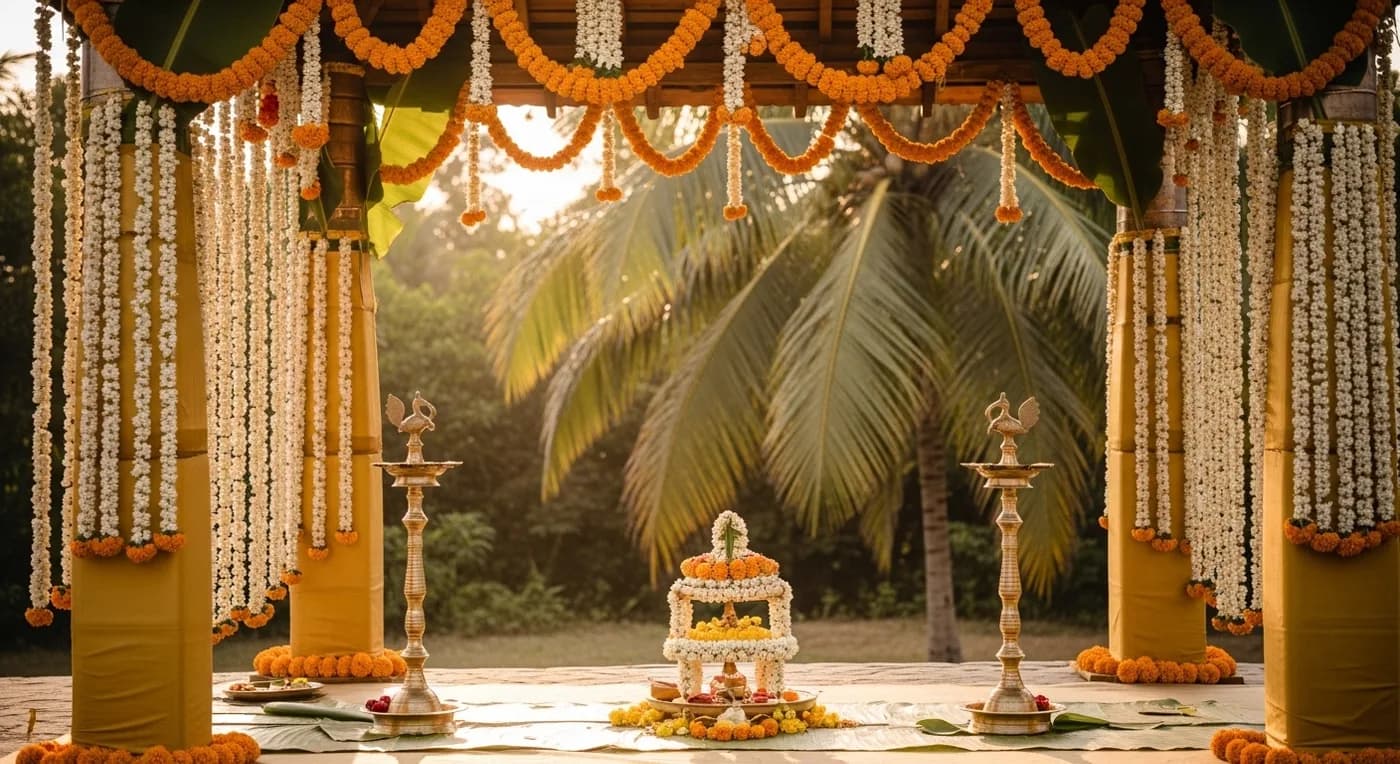 Elegant white floral mandap decoration with tall centrepiece and crystal accents