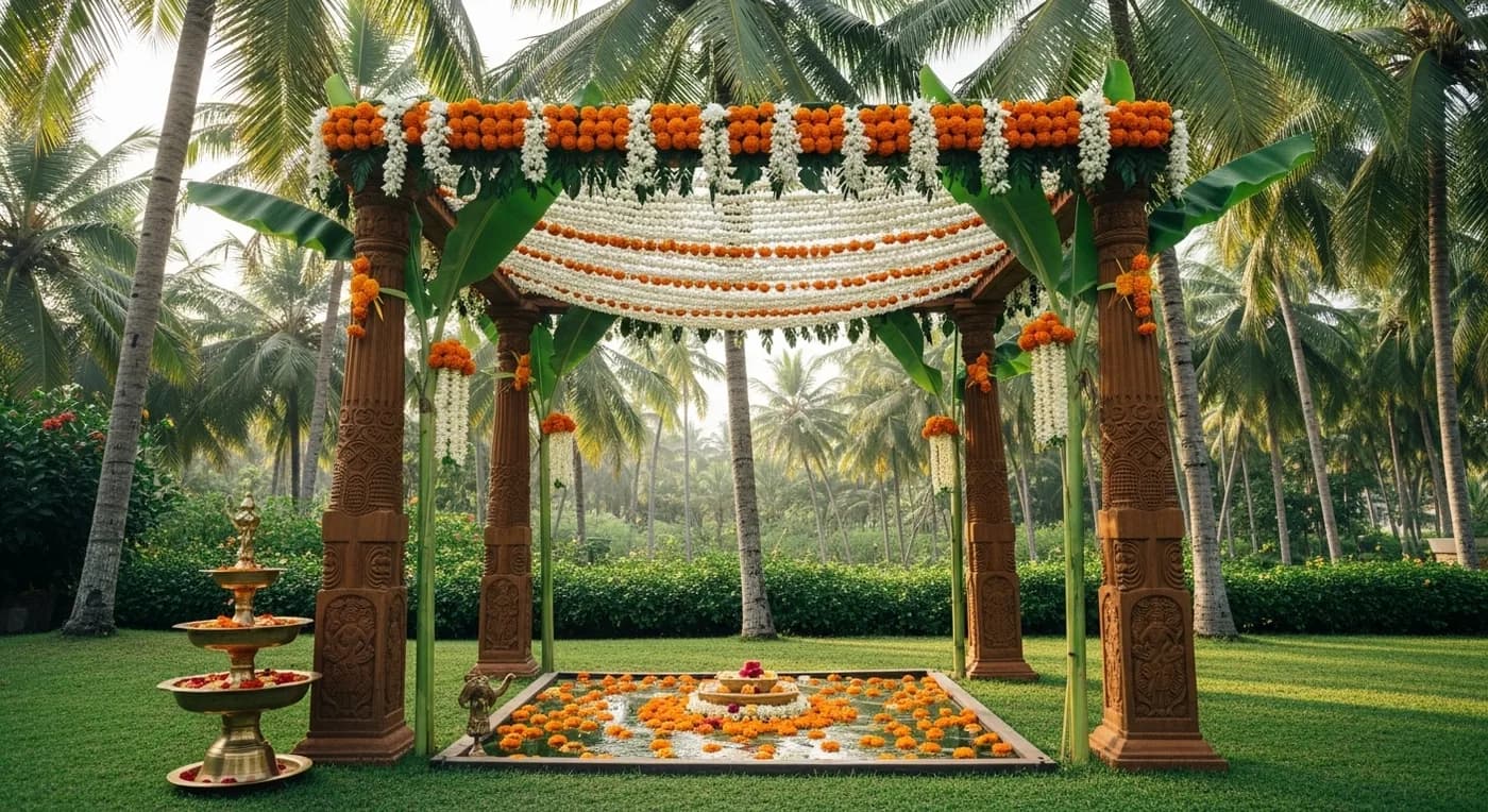 Grand wedding mandap area with elaborate white flower arrangements and ambient candlelight