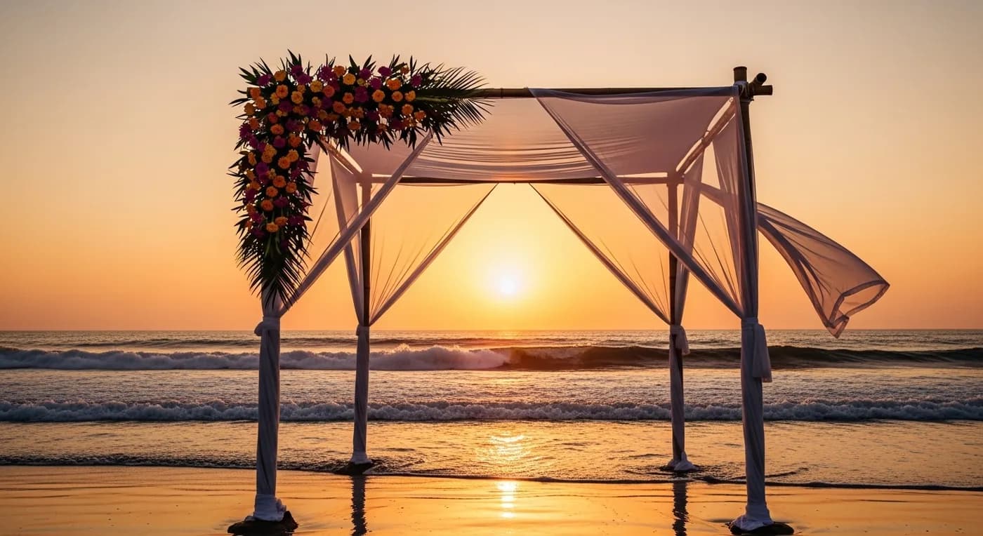 Wedding ceremony aisle leading to a decorated mandap arch by the ocean