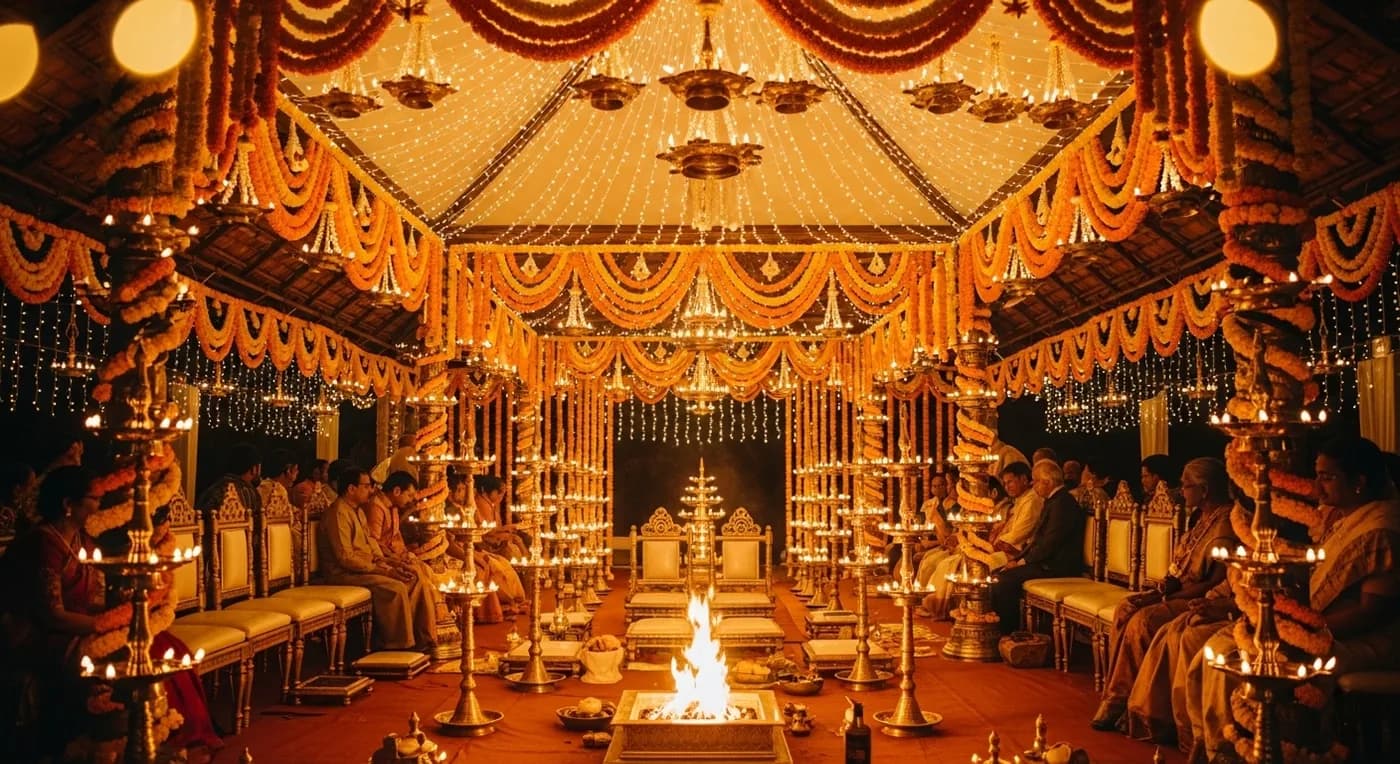 Couple at a mandap under warm string lights creating a romantic evening ceremony atmosphere