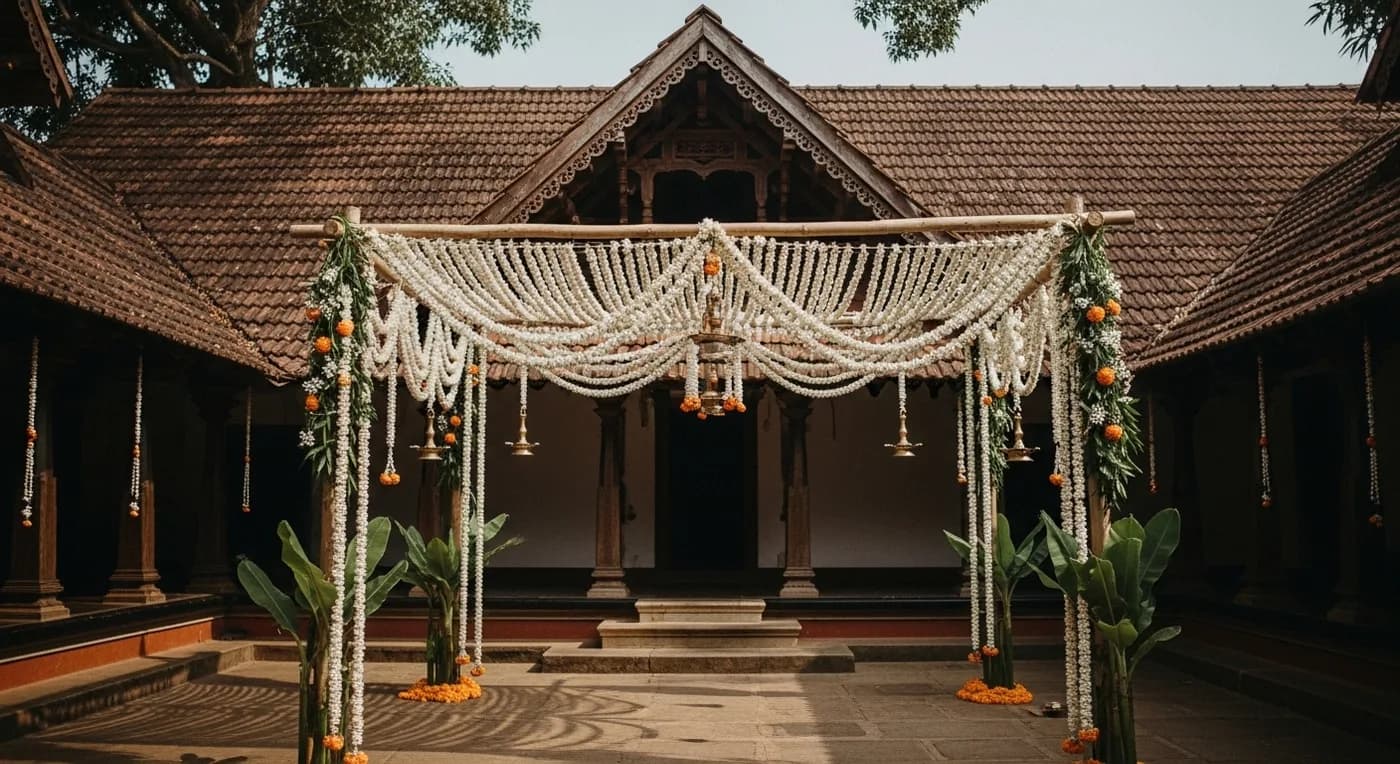 Decorated outdoor wedding ceremony area with floral arrangements and seating