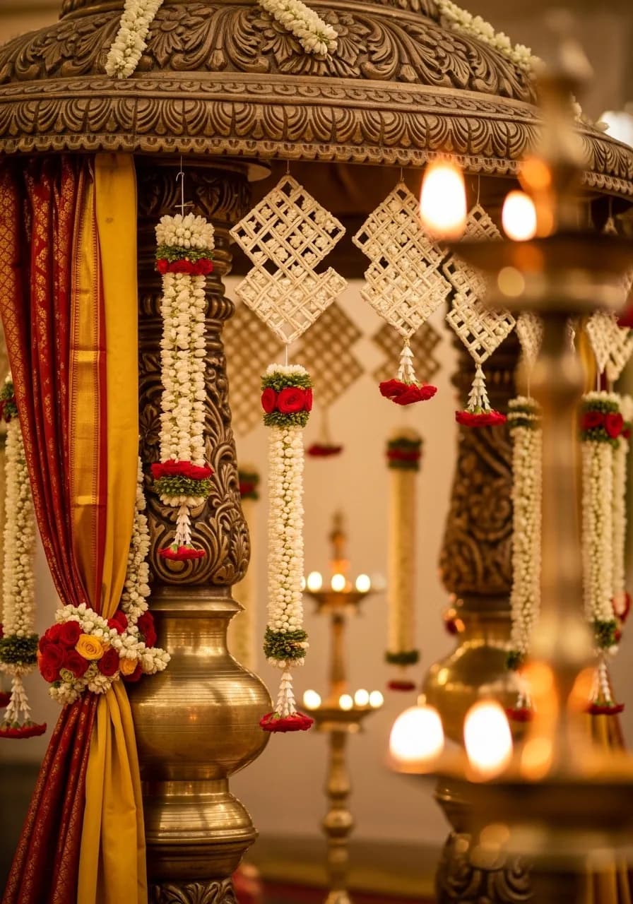 Floral arch at an outdoor wedding ceremony with greenery and white flowers