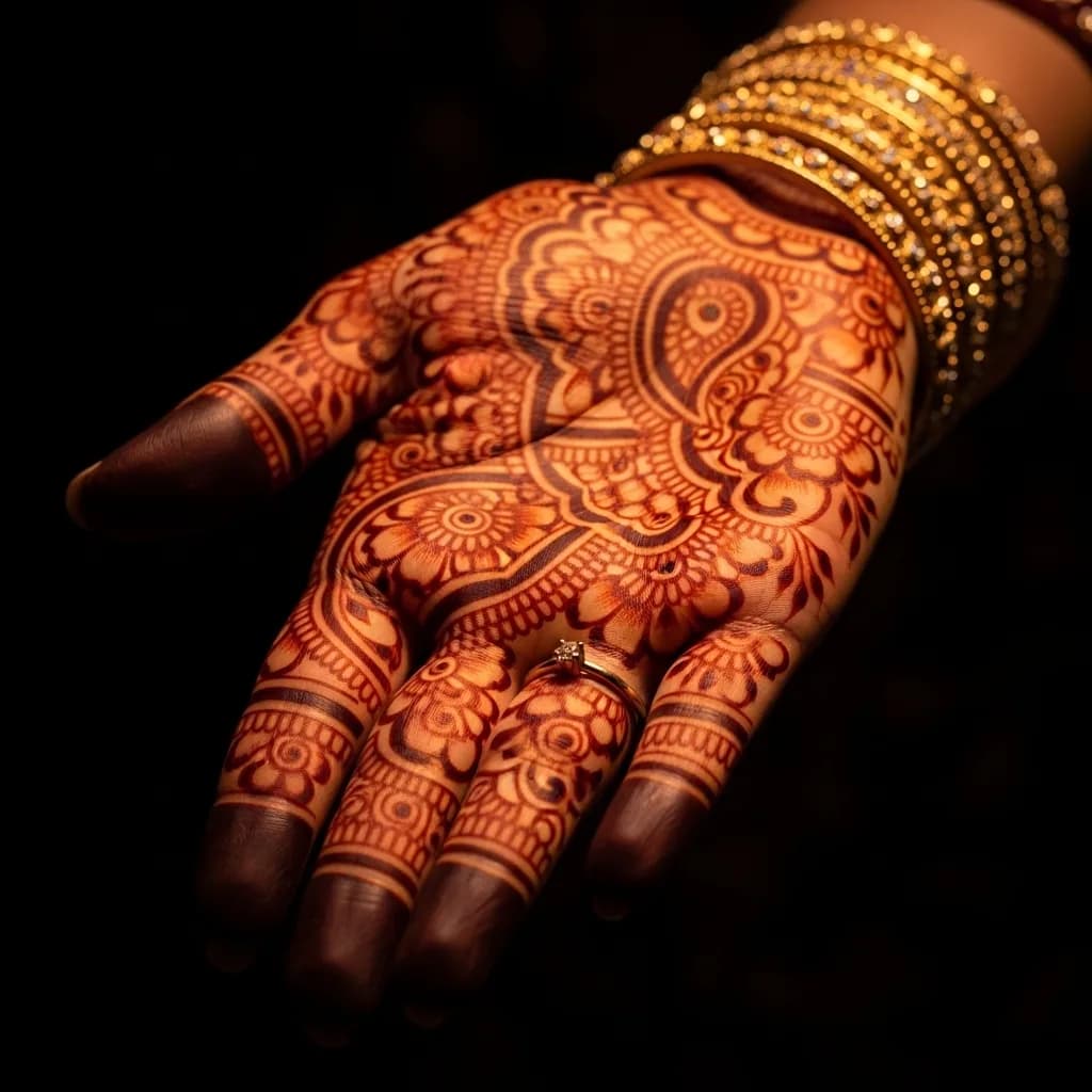 A bride in traditional clothing with intricate mehndi henna designs on her hands during the mehendi ceremony