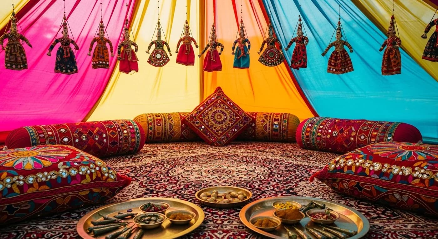 Outdoor decorated mehendi ceremony area with flowers and cushion seating
