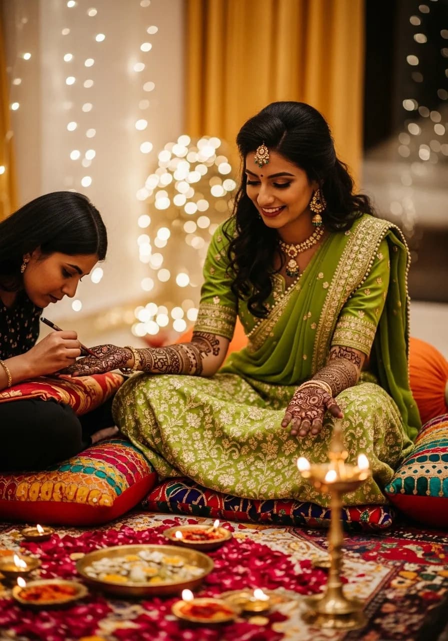Evening outdoor gathering with string lights for mehendi night celebration