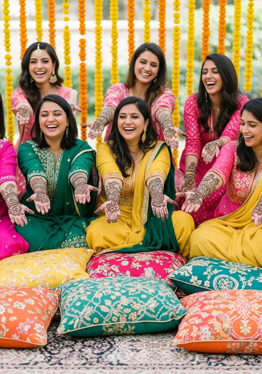 Outdoor decorated ceremony space with palm trees for mehendi celebration