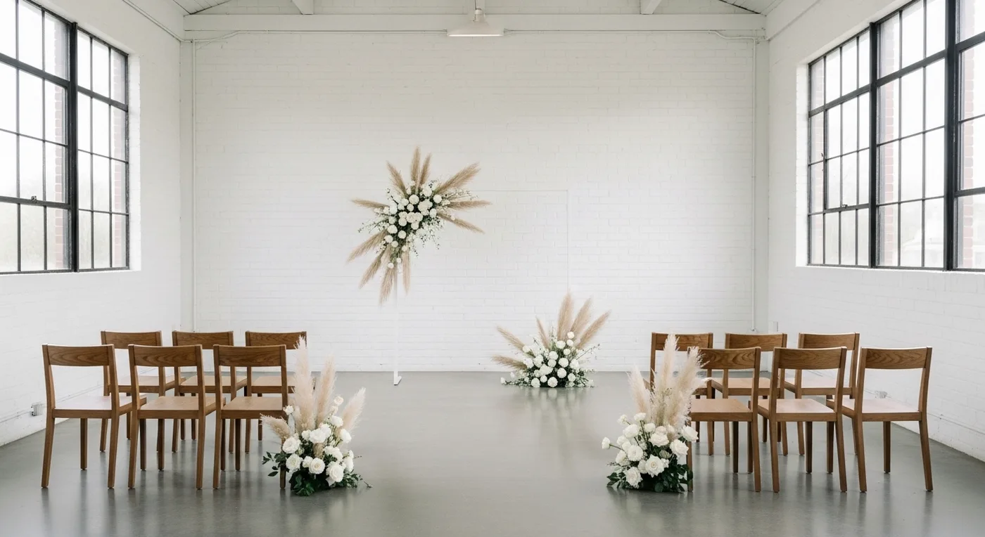 Elegant white wedding reception with single statement floral centrepiece
