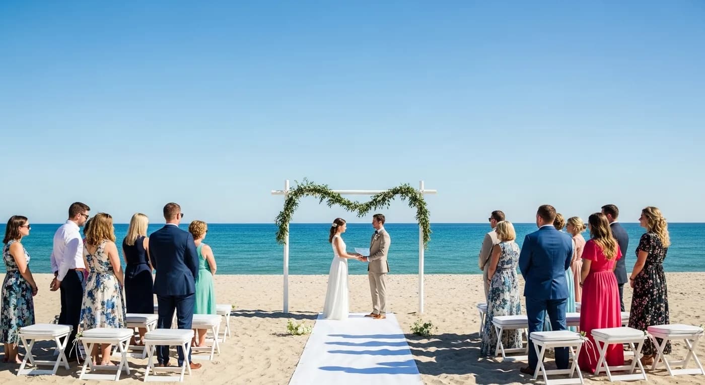 Minimalist white wedding venue with elegant floral installations