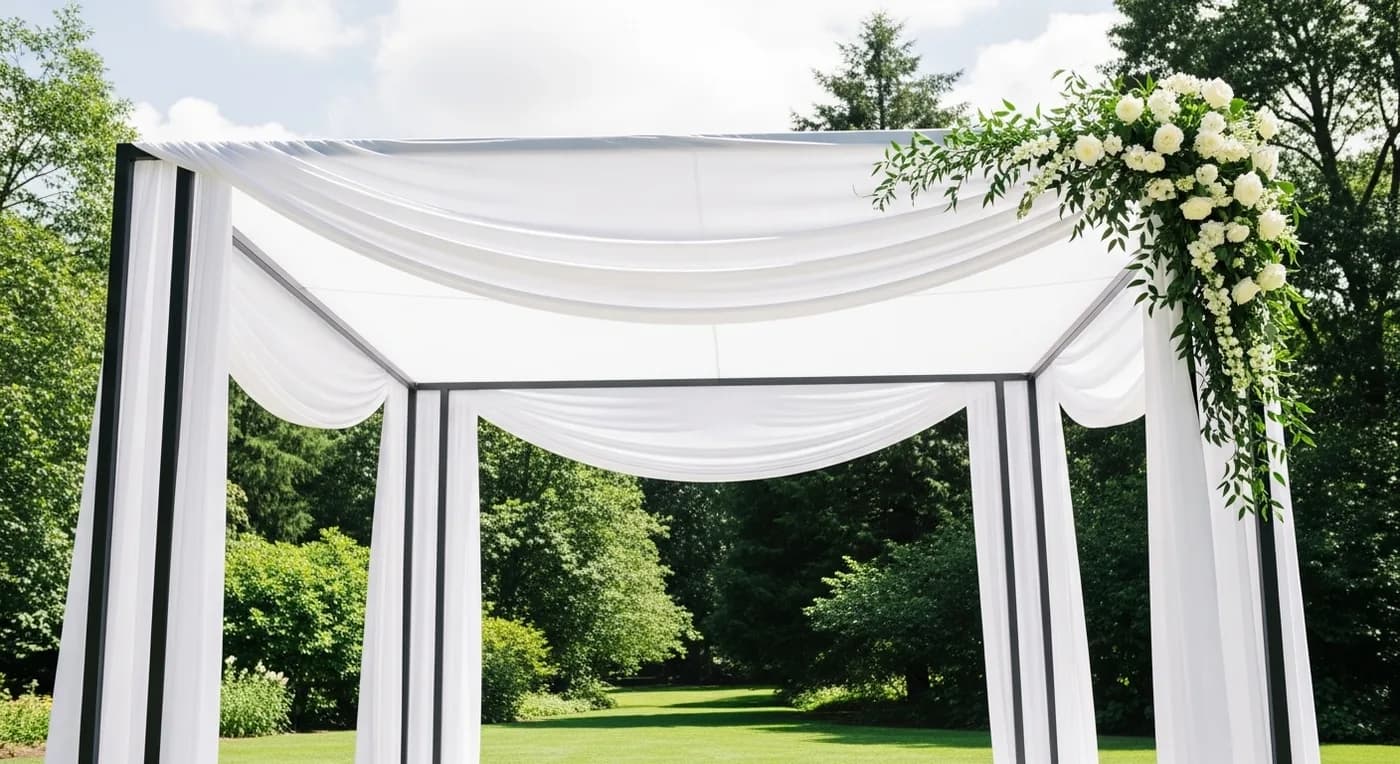 Simple evening wedding with warm string lights as the primary decoration