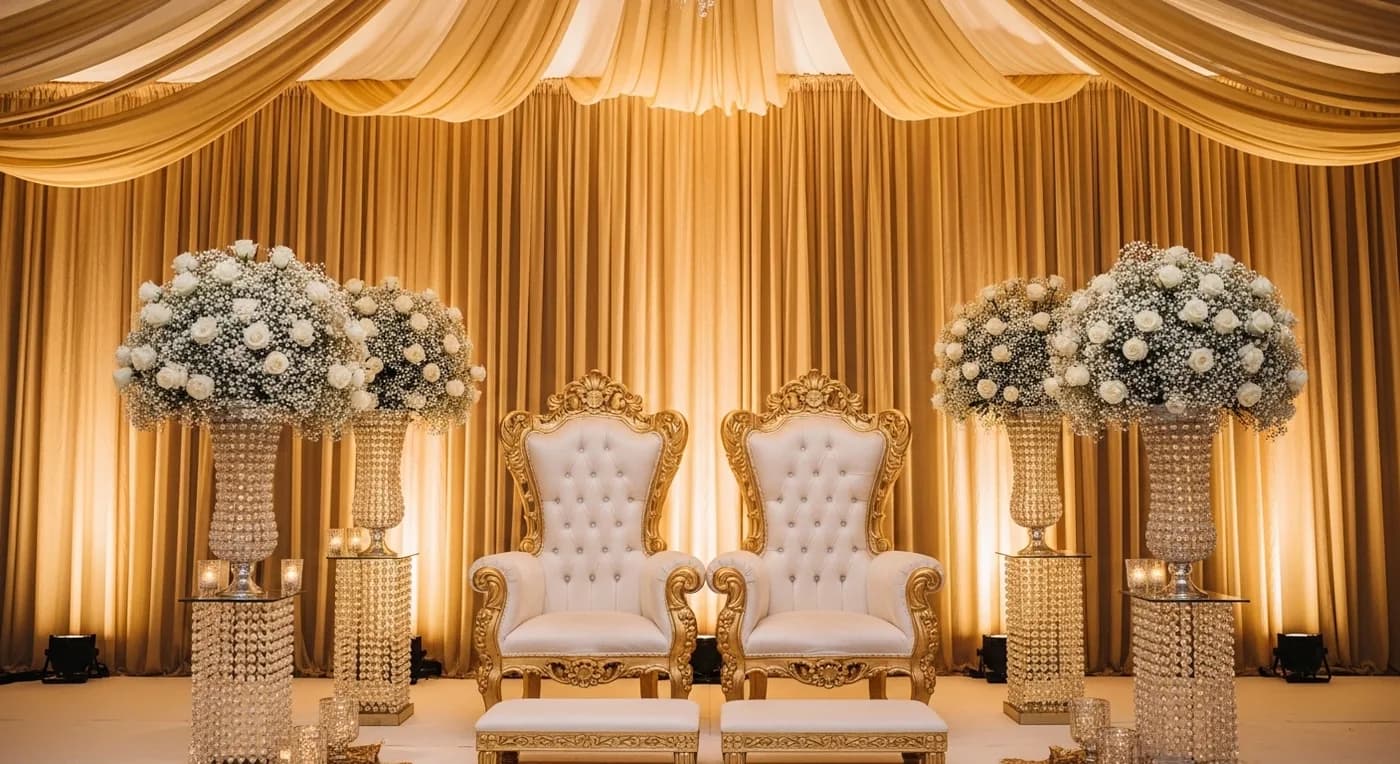 An elegantly decorated nikah stage with white and gold throne-style seating, floral arrangements, and draped fabric