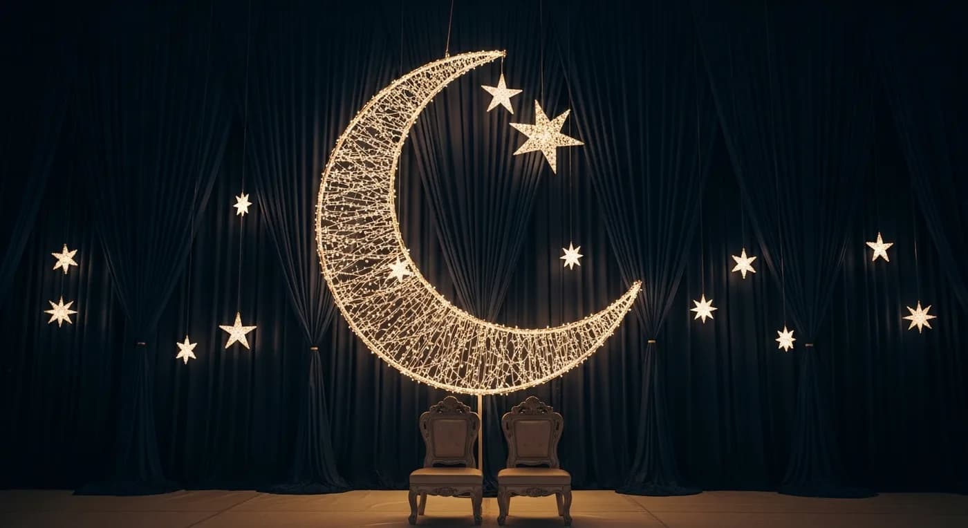 Crescent moon and star motif backdrop with twinkling fairy lights for a nikah ceremony