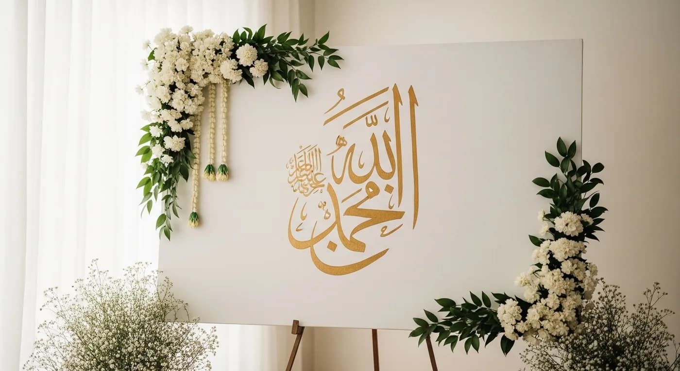 Arabic calligraphy art panel used as a nikah ceremony backdrop with bismillah inscription