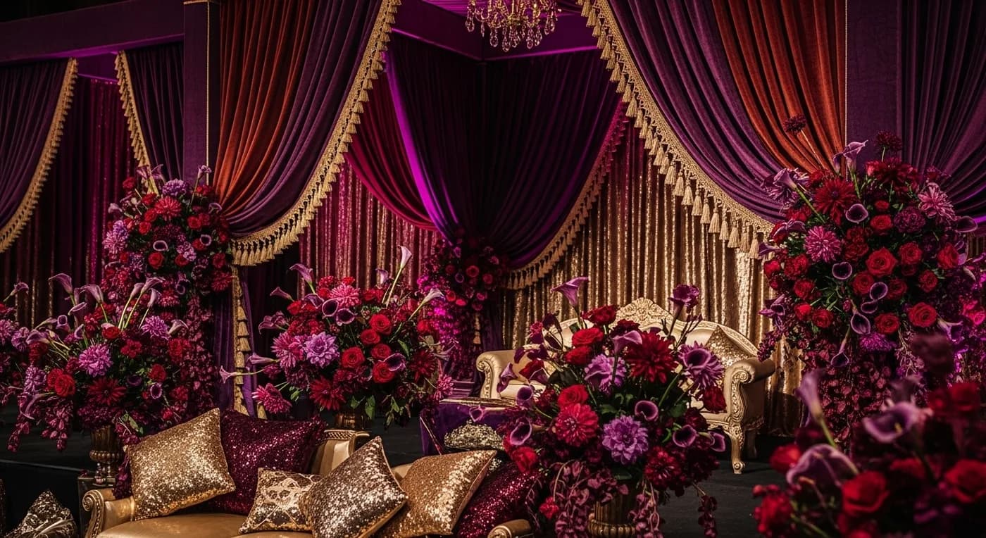 Jewel-toned purple and burgundy draping with gold accents on a nikah stage