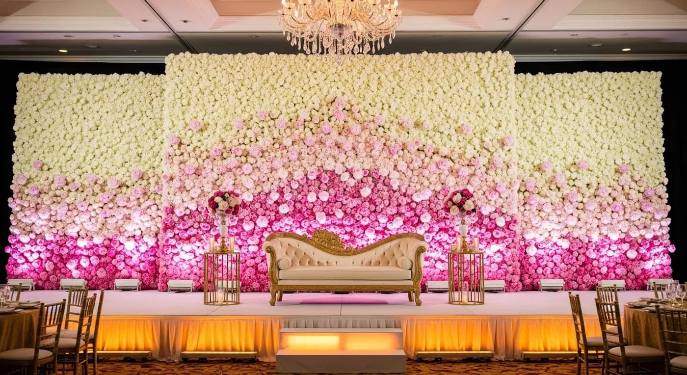 Outdoor wedding reception setup with covered chairs and floral decor among palm trees