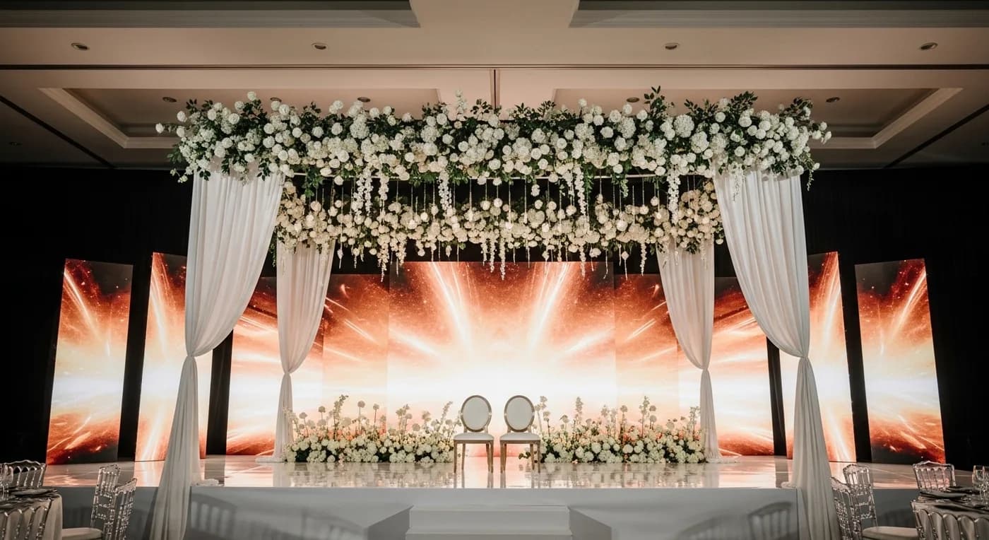 Couple at reception stage under warm string lights with romantic atmosphere