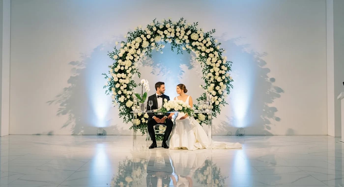 Outdoor reception stage with garden flower arrangements and natural decor