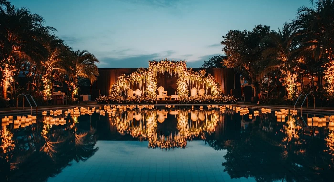 Floral arch reception backdrop with white and pink flowers and greenery